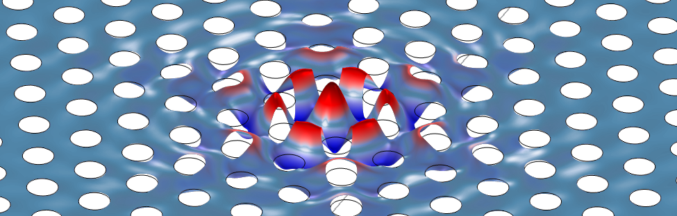 Computer-simulated image of a thin film of fluid covering a periodically perforated slab. In the middle, a hole is missing. There, the fluid is moving up and down like water in a pond.